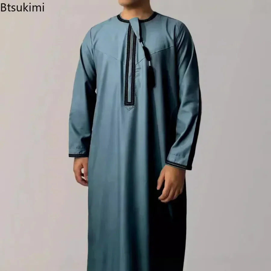 New 2025 Men's Muslim Abayas Dress Long-sleeved Pullover Kaftan Robe Men Jubba Thobe