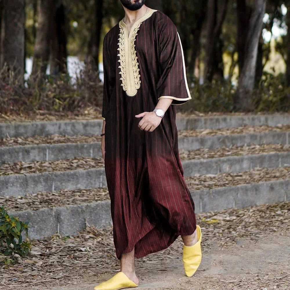 Mens Muslim Stripe Jubba Kaftan Clothing Long Sleeve