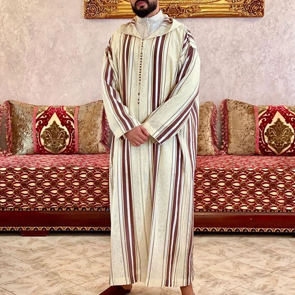 Men’s White Thobe with Royal Blue Accents – Modern Moroccan Style