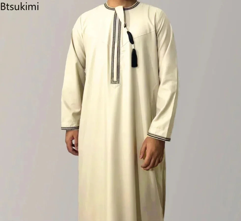 New 2025 Men's Muslim Abayas Dress Long-sleeved Pullover Kaftan Robe Men Jubba Thobe