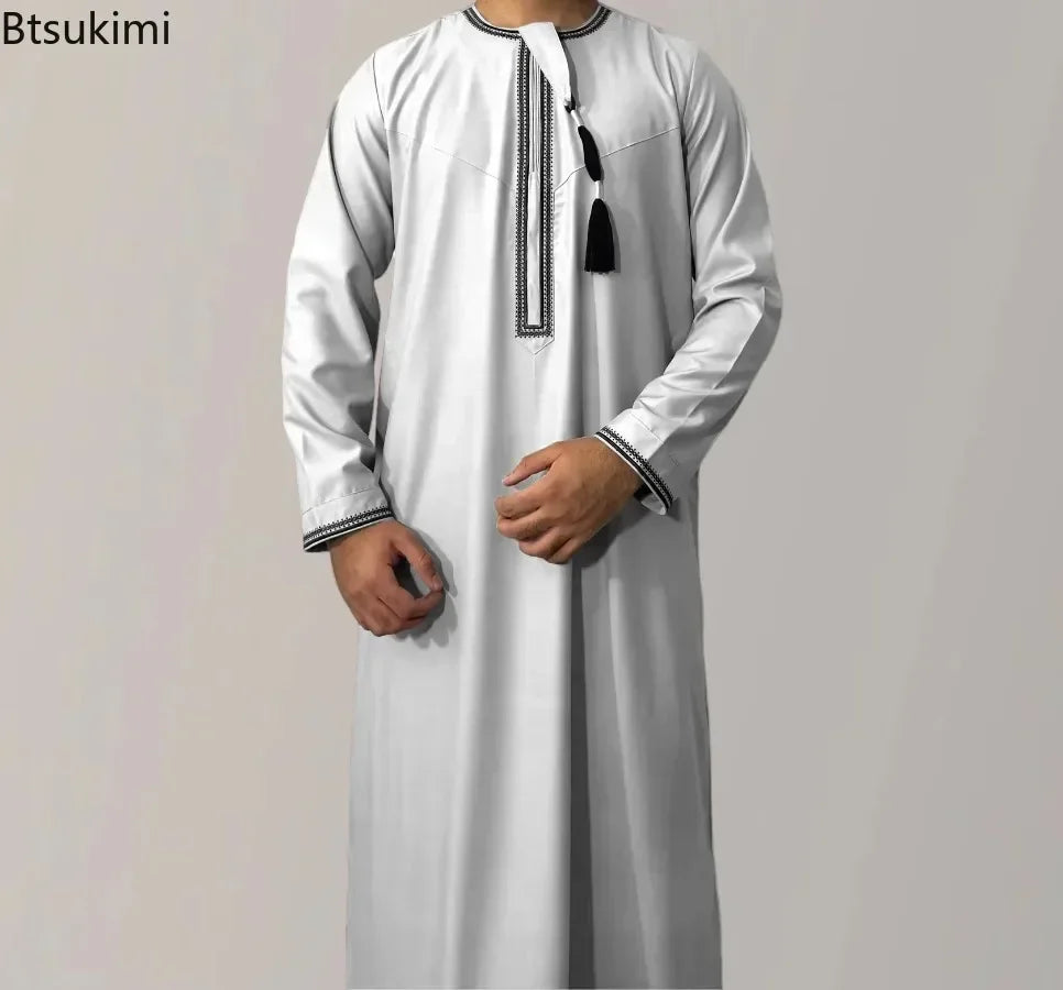 New 2025 Men's Muslim Abayas Dress Long-sleeved Pullover Kaftan Robe Men Jubba Thobe
