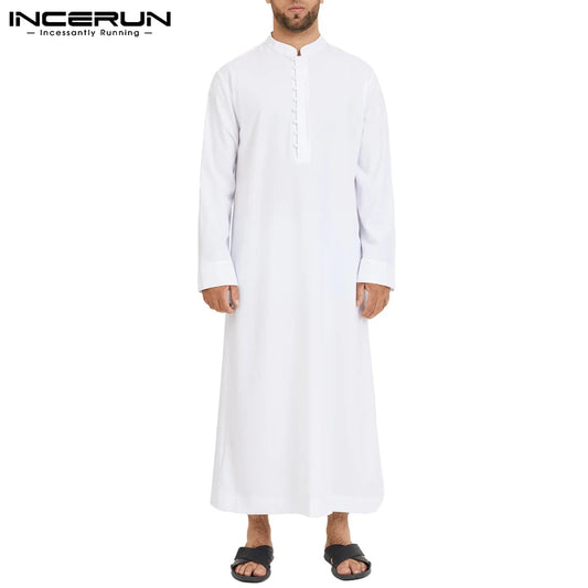 Muslim Men Jubba Thobe Long Sleeve Solid Color Breathable