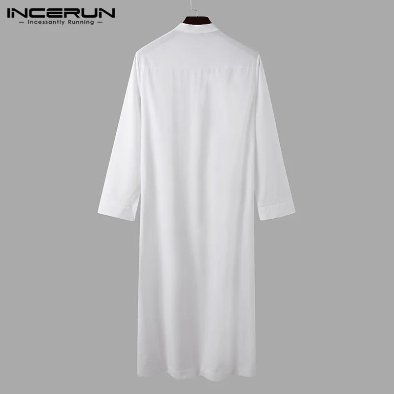 Muslim Men Jubba Thobe Long Sleeve Solid Color Breathable