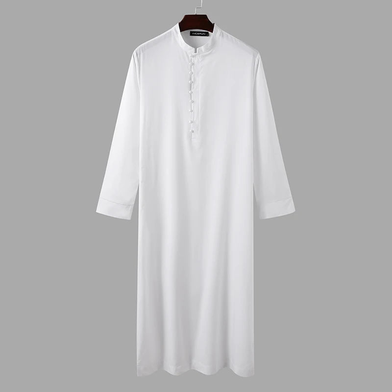 Muslim Men Jubba Thobe Long Sleeve Solid Color Breathable