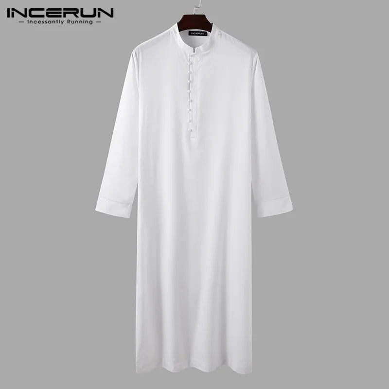 Muslim Men Jubba Thobe Long Sleeve Solid Color Breathable