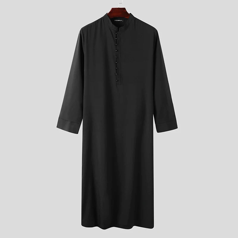 Muslim Men Jubba Thobe Long Sleeve Solid Color Breathable