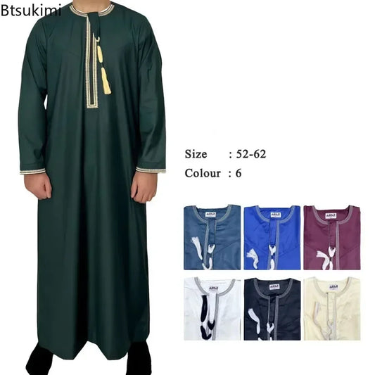 New 2025 Men's Muslim Abayas Dress Long-sleeved Pullover Kaftan Robe Men Jubba Thobe