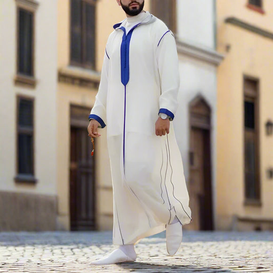 Men’s White Thobe with Royal Blue Accents – Modern Moroccan Style