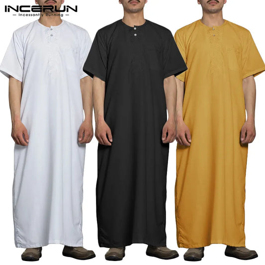 Mens Muslim Long Robes Short Sleeve Round Neck