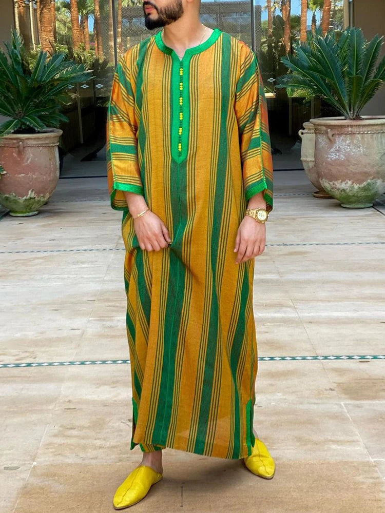 Eid Muslim Mens Long Sleeve Thobe Abaya Striped Print Pattern Robe