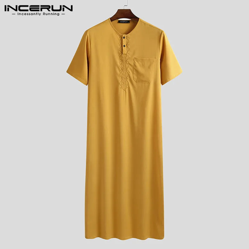 Men’s Classic White Thobe with Subtle Embroidery – Half Sleeve Modest Jubba (Available in More Colours)