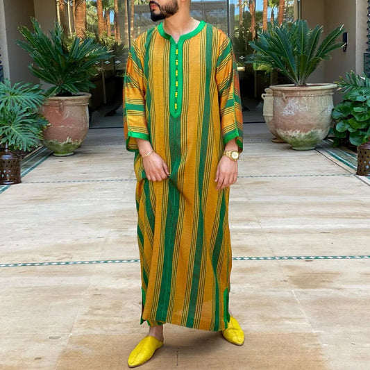 Eid Muslim Mens Long Sleeve Thobe Abaya Striped Print Pattern Robe