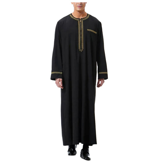 Mens Muslim Long Sleeve Embroidered Pocket Long Abaya Shirt