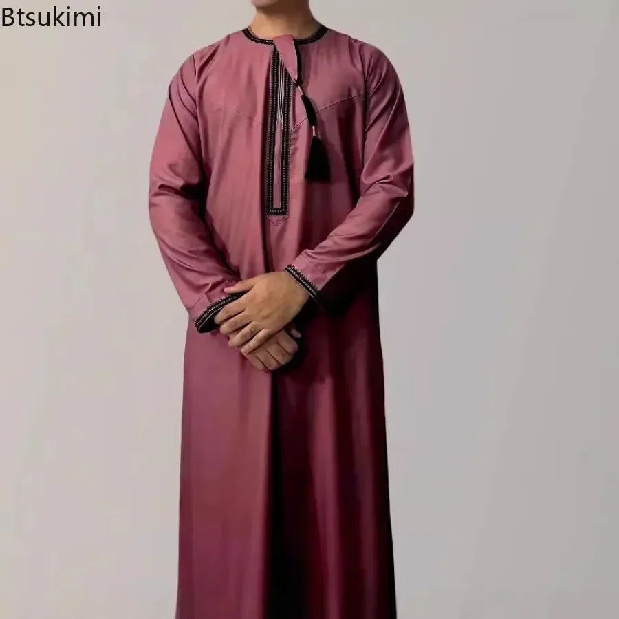 New 2025 Men's Muslim Abayas Dress Long-sleeved Pullover Kaftan Robe Men Jubba Thobe