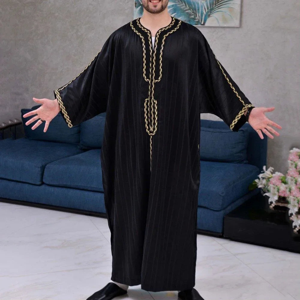 Mens Muslim Stripe Jubba Kaftan Clothing Long Sleeve