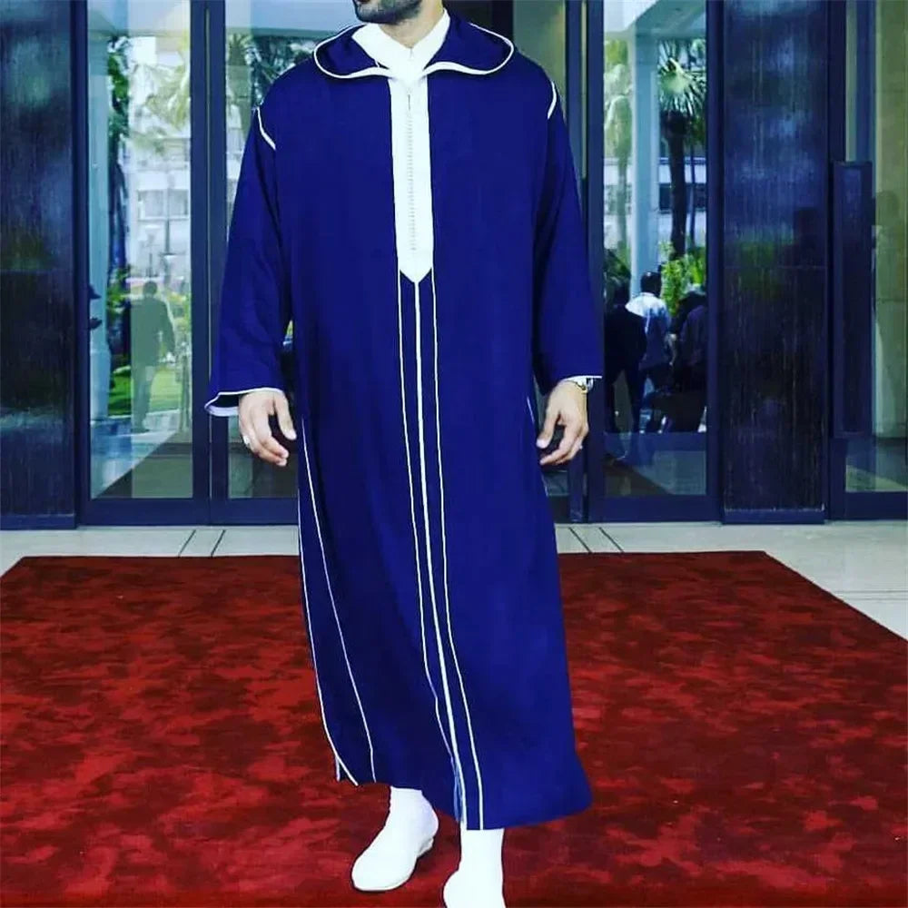 Men’s White Thobe with Royal Blue Accents – Modern Moroccan Style