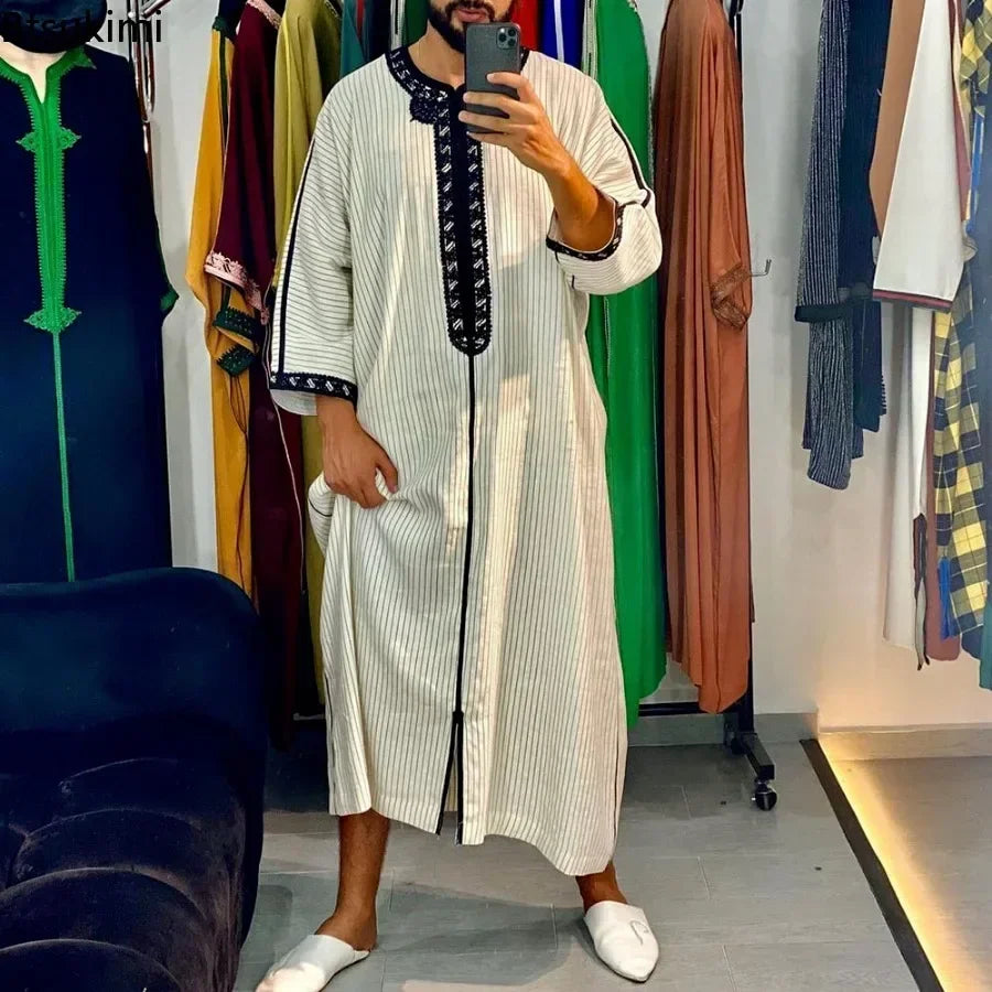 New 2025 Islamic Men Robe Kaftan Moroccan Casual Long